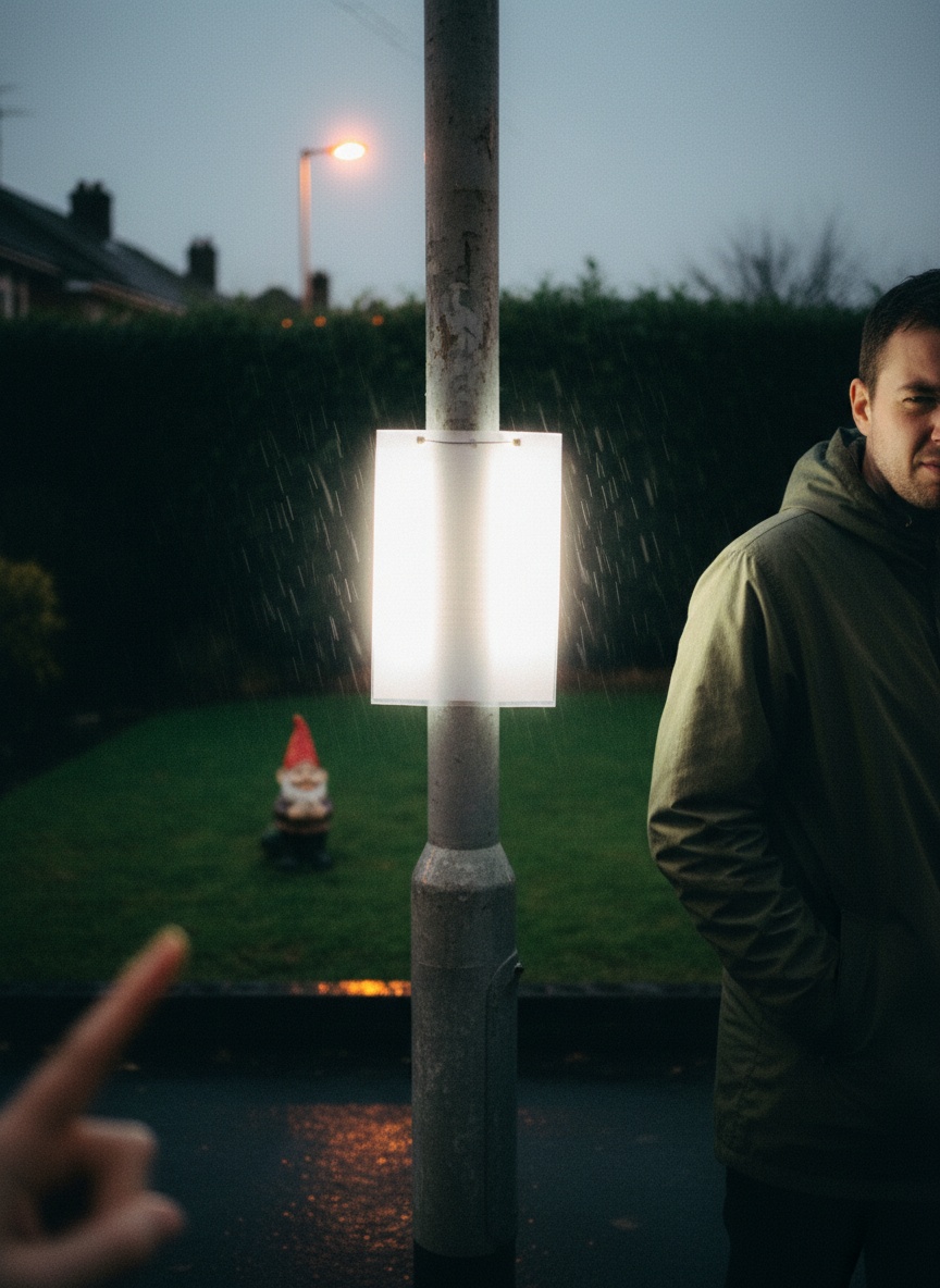 A wet suburban street at dusk. A flash-bleached notice is tied to a lamp post, a small gnome stands on a lawn behind it, and a man in an anorak is half turned away at the edge of the frame.