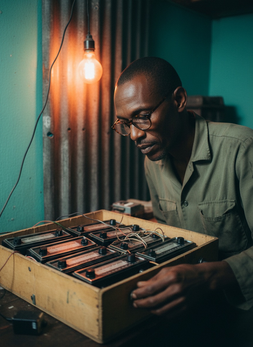 A producer half turned away in a teal workshop, reaching for a knob on a plywood box of six car radios.