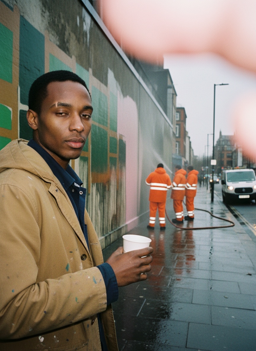 A muralist in a brown parka, face half-turned, holds a paper cup while a council crew in orange jackets pressure-washes a half-erased painting of chairs from a wall.